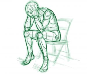 Sketch of an upset man with his head in his hands