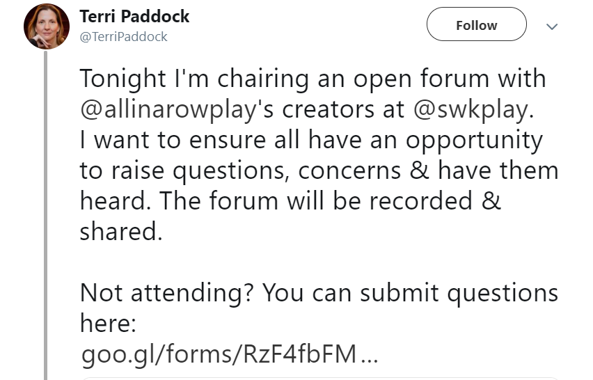 Tonight I'm chairing n open forum with allinaowplay's creators I want to ensure all have an opportunity to raise questions, concerns and have them heard. Not attending? You can submit questions here.