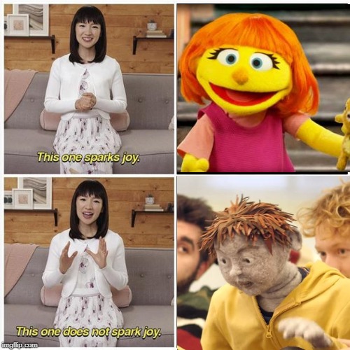 Picture of Julia next to a photo of Mari Kondo saying "this one sparks joy" and a picture of Laurence the nightmare puppet next to a photo of Mari Kondo saying "this does not spark joy"