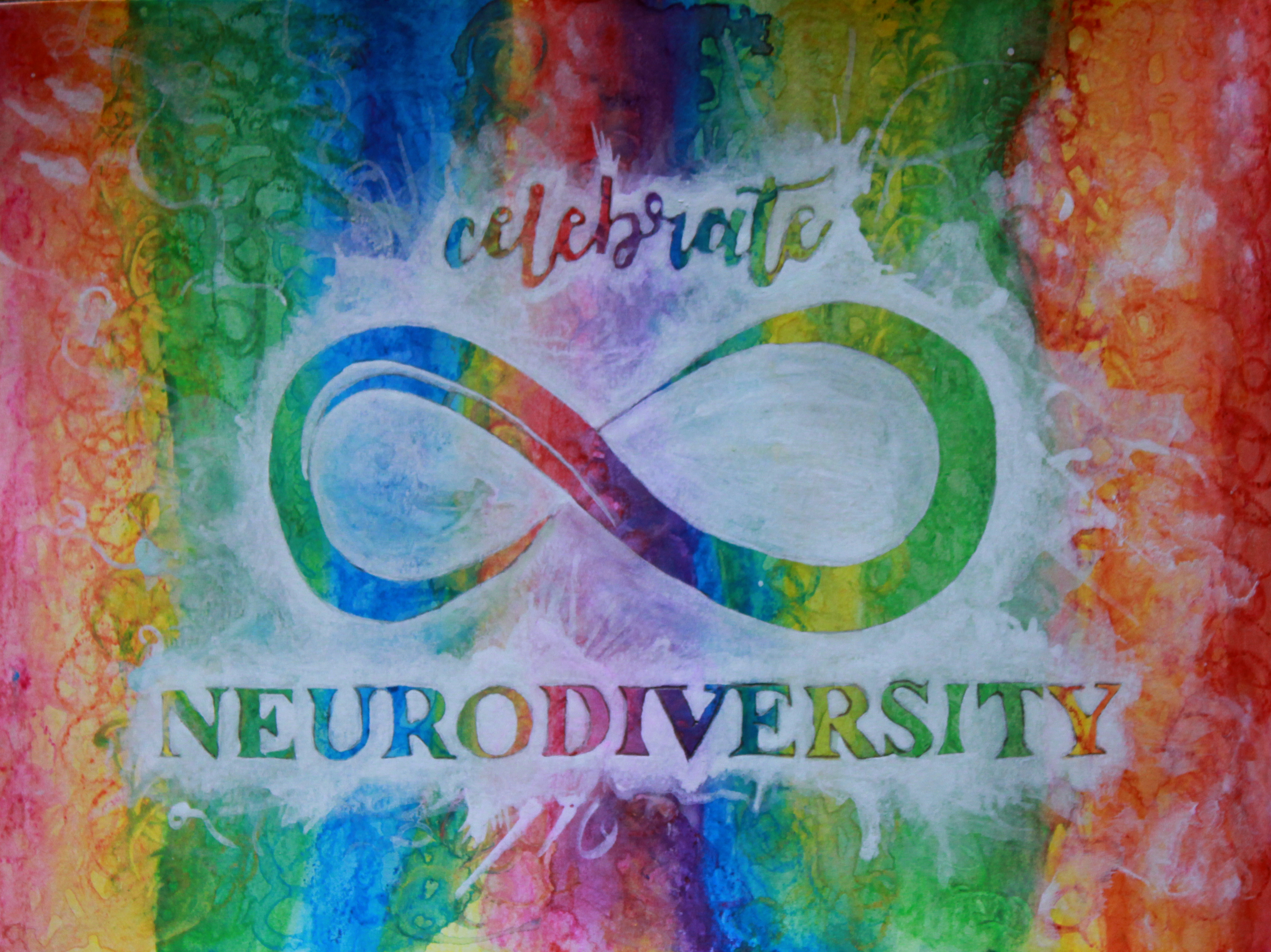 the background has vertical watercolor stripes that blend together in a rainbow pattern. The foreground shows the neurodiversity infinity symbol, with the word "celebrate" above and "neurodiversity" below, from white semi-transparent acrylic paint. It looks like a white splash on a rainbow background with the words and symbols unpainted, so that the words and symbol have the same rainbow coloring as the background via negative space.