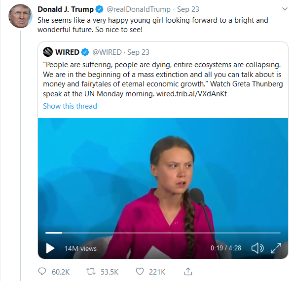 donald trump tweets She seems like a very happy young girl looking forward to a bright and wonderful future. So nice to see!