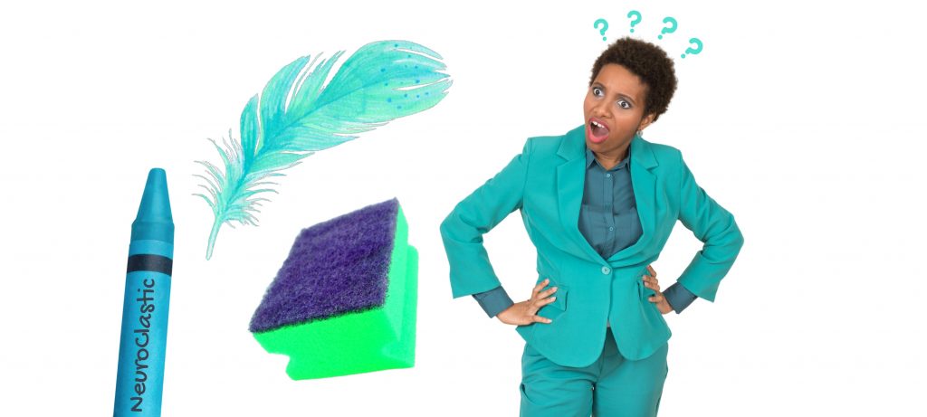 Neuroclastic image demonstrating a nonbinary autistic person with autism on the spectrum having a very bewildered look on their face. There is a feather, a crayon, and a sponge in the image.