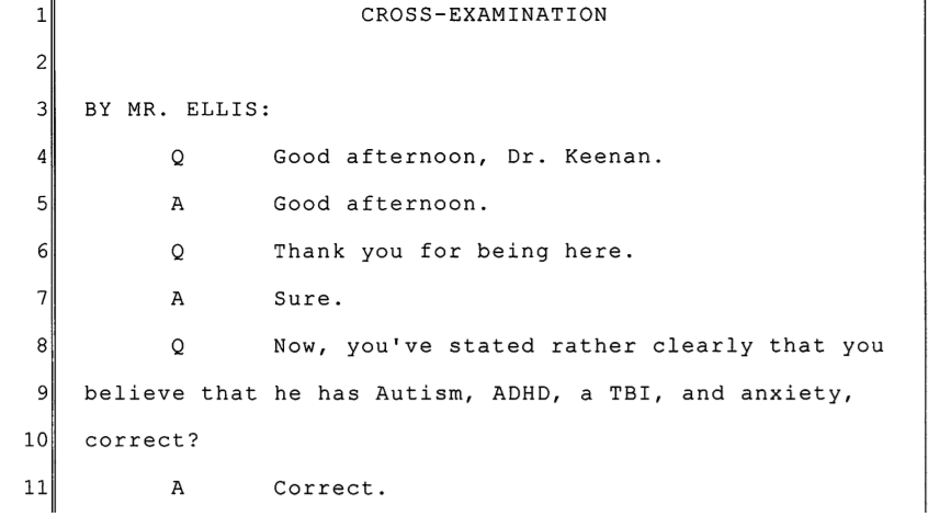 CROSS-EXAMINATION
BY MR. ELLIS:
Q Good afternoon, Dr. Keenan.
A Good afternoon.
Q Thank you for being here.
A Sure.
Q Now, you've stated rather clearly that you
believe that he has Autism, ADHD, a TBI, and anxiety,
correct?
A Correct. 
