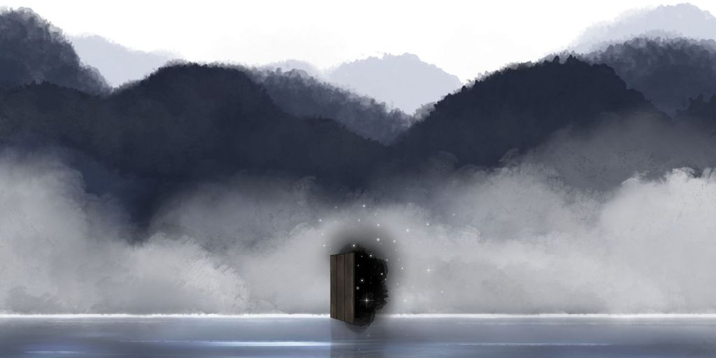image by Naessly's Art Space shows a horizon on a lake with a door in the distance. The door opens to what appears to be deep space