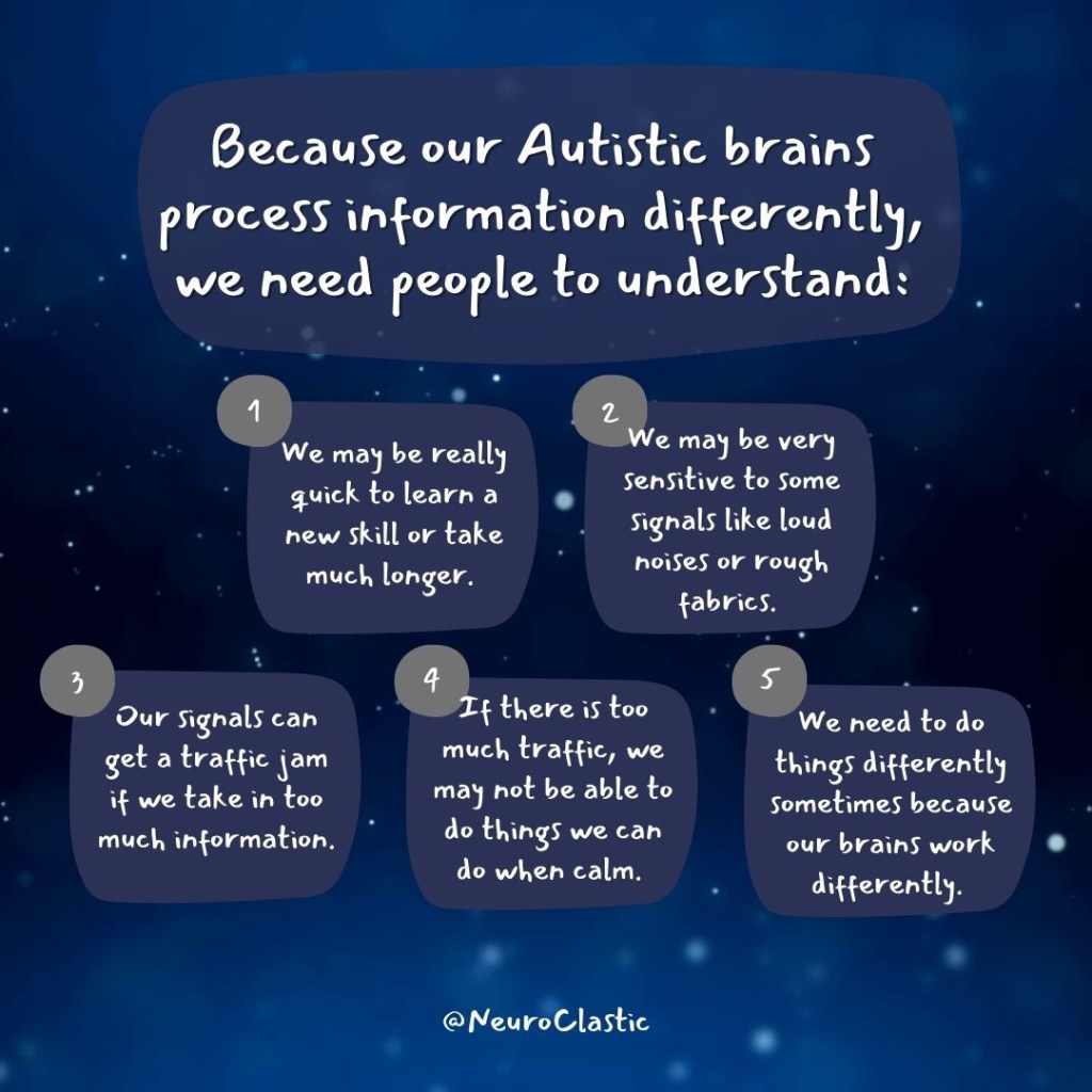 Image is a starry background and reads:

Because our Autistic brains process information differently, we need people to understand:

1. We may be really
quick to learn a new skill or take much longer.

2. We may be very sensitive to some signals like loud noises or rough fabrics.

3. Our signals can
get a traffic jam if we take in too much information.

4. If there is too much traffic, we may not be able to do things we can do when calm.

5. We need to do things differently sometimes because our brains work
differently.
