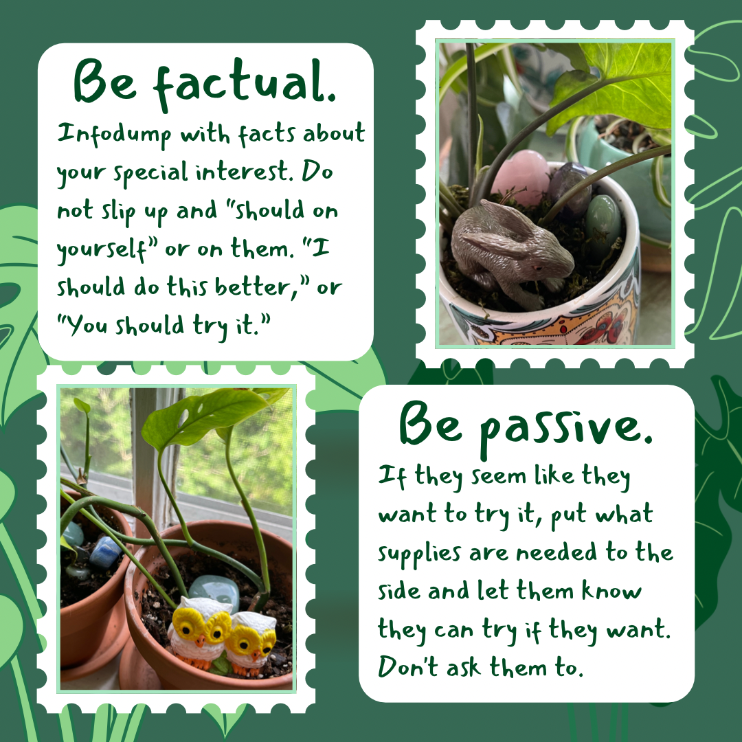 Image with a small flower pot and inside surrounding a plant is a toy bunny and three gemstone hearts. It reads: Be factual. Infodump with facts about your special interest. Do not slip up and “should on yourself” or on them. “I should do this better,” or “You should try it.” Image with a couple small pots with small plants that have gemstones in the soil. One has a ceramic set of vintage owl figurines in it. It reads: Be passive. If they seem like they want to try it, put what supplies are needed to the side and let them know they can try if they want. Don't ask them to.