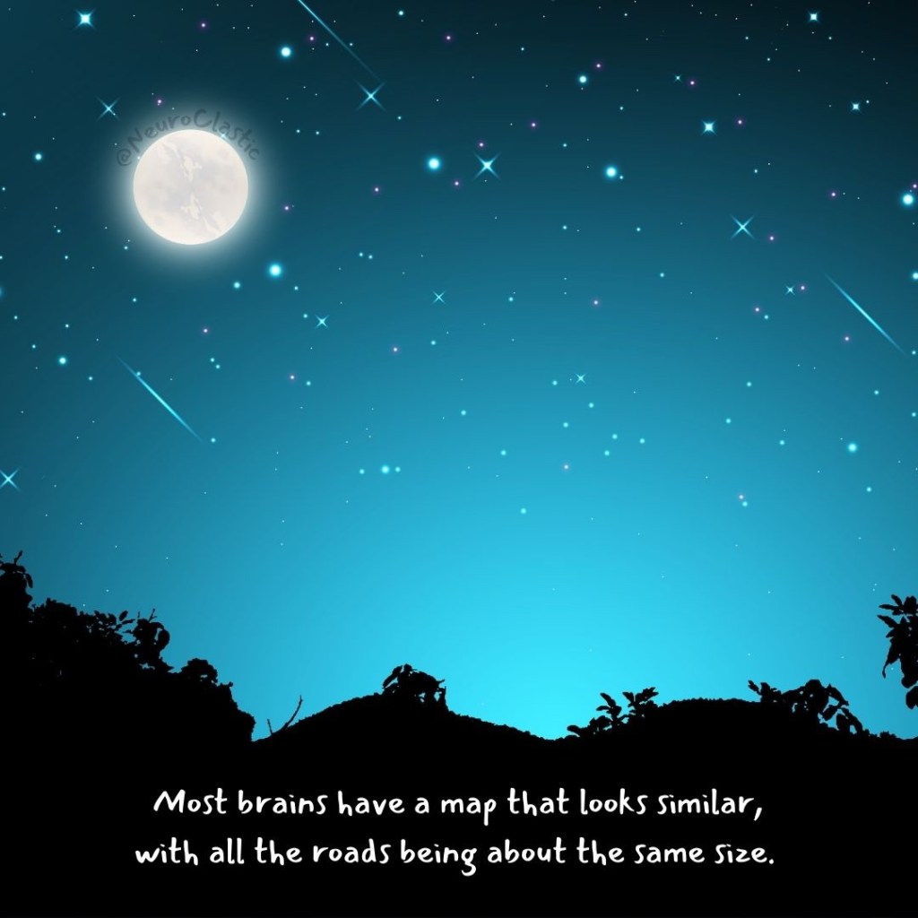 An image of a bright moon appears on a starry background. A black silhouette of a leafy landscape is below. Text reads "Most brains have a map that looks similar, with all the roads being the same size."
