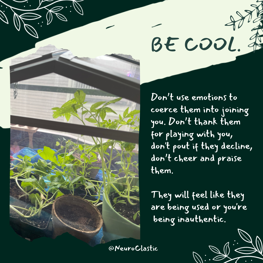 Image of a tabletop indoor small greenhouse full of tomato and zucchini plants almost too big to fit. It reads Be cool. Don’t use emotions to coerce them into joining you. Don’t thank them for playing with you, don't pout if they decline, don’t cheer and praise them. They will feel like they are being used or you're being inauthentic.